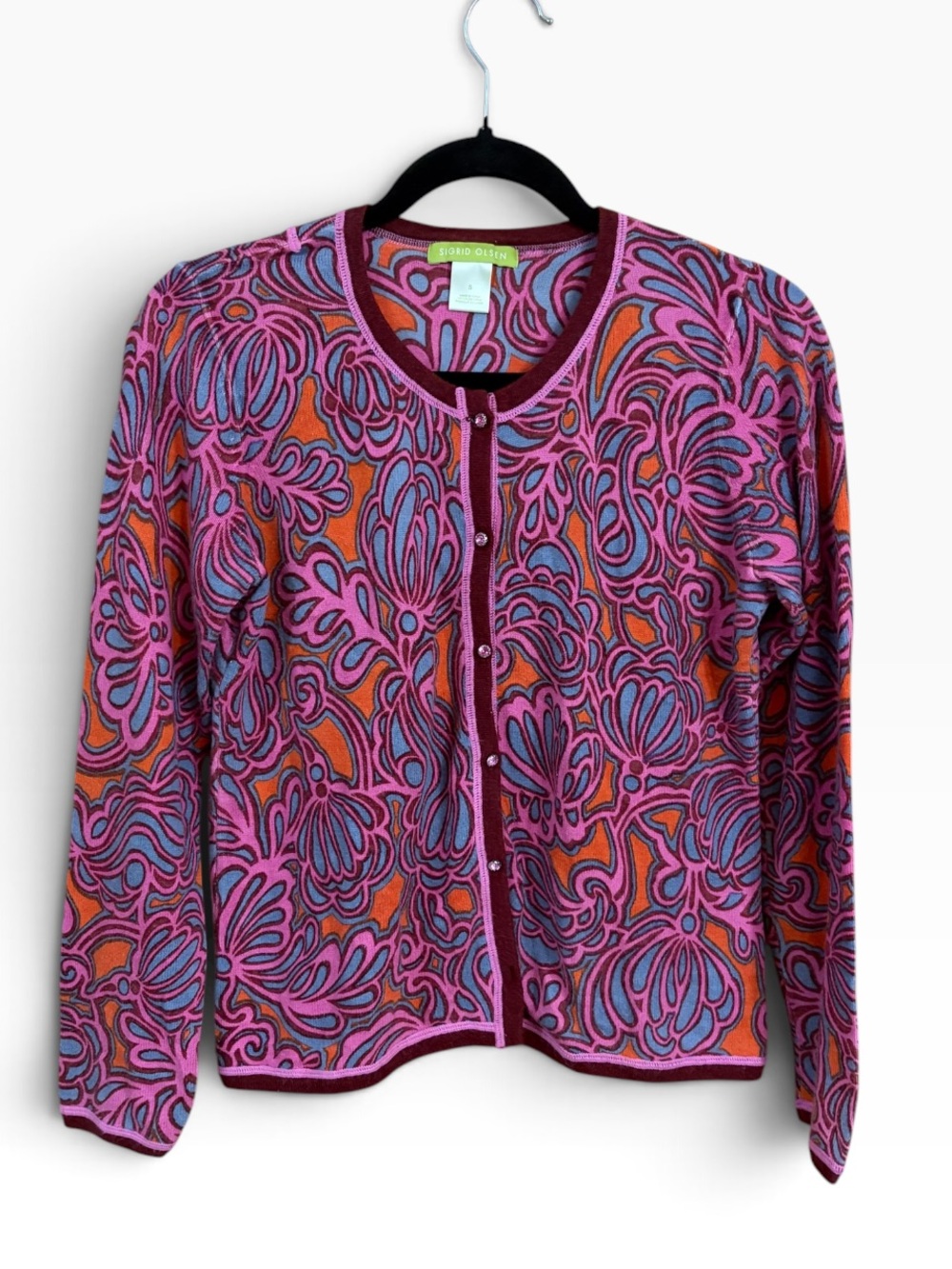 Sigrid Olsen floral cardigan angora silk blend rhinestone button modern floral